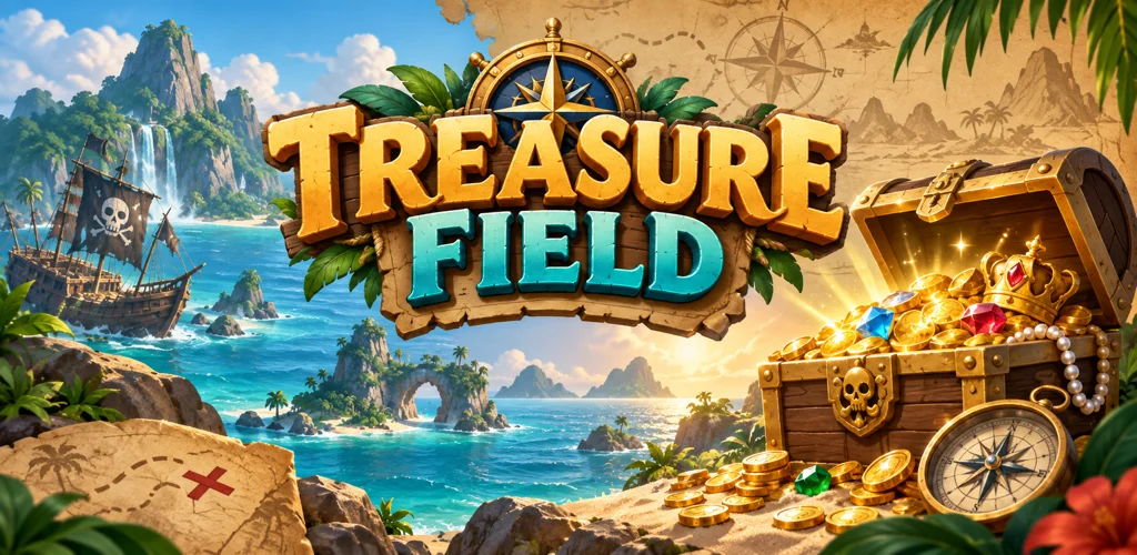 Treasure Field (Hazine Tarlası) oyunu kapak görseli: korsan gemisi, tropik ada ve altın dolu hazine sandığı