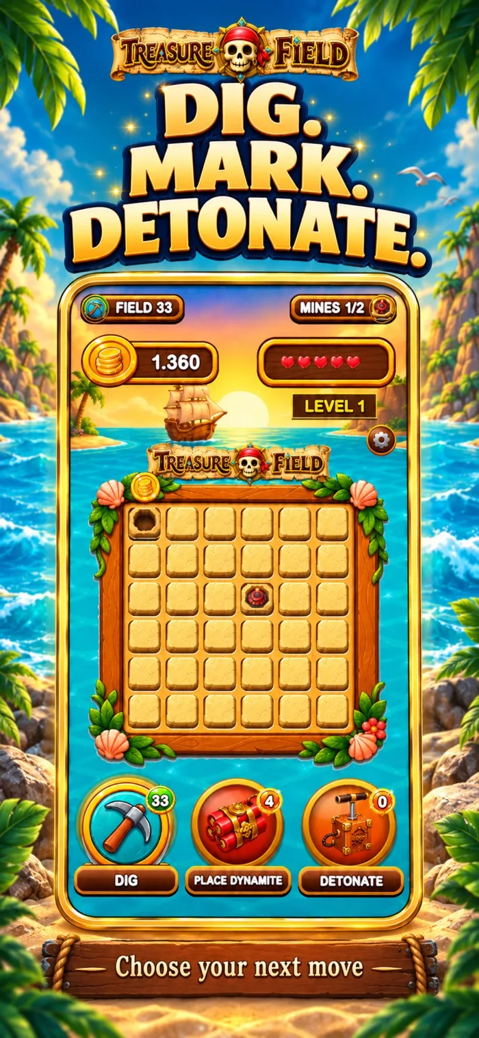 Treasure Field oyun içi ekran: kaz, işaretle, patlat