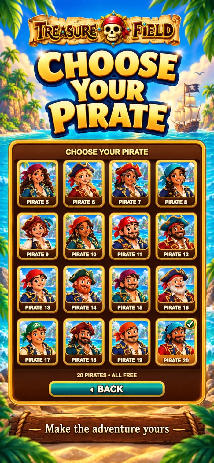Treasure Field 20 korsan kaptanı seçim ekranı