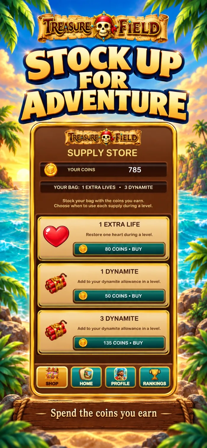 Treasure Field oyun içi malzeme mağazası: jetonla can ve dinamit takası